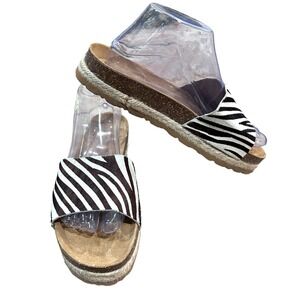 Yokono Womens Brown White Zebra Print Leather Calf Hair Slide Sandals‎ Size 8